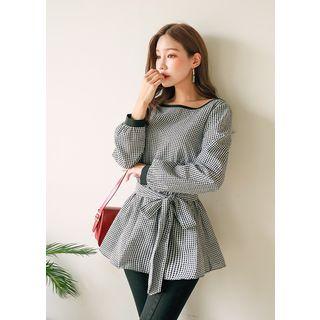Long-sleeve Check Peplum Top With Sash