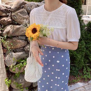 Puff-sleeve Embroidered-panel Top