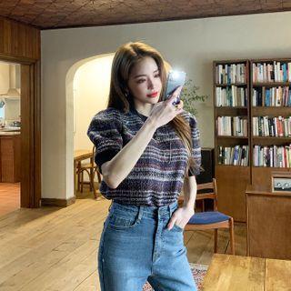 Puff-sleeve Round-neck Tweed Top