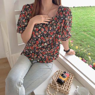 Puff-sleeve Square Neck Floral Printed Blouse