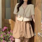 Short-sleeve Plaid Blouse / Puffy Shorts
