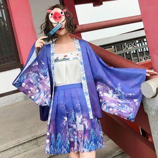 Bell-sleeve Hanfu Jacket / Pleated Mini Skirt / Camisole Top / Set