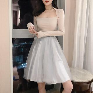 Plain Long-sleeve Slim-fit Top / High-waist Mesh Skirt