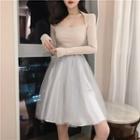 Plain Long-sleeve Slim-fit Top / High-waist Mesh Skirt