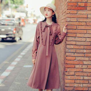 Frill Trim Long-sleeve Tie-neck Dress