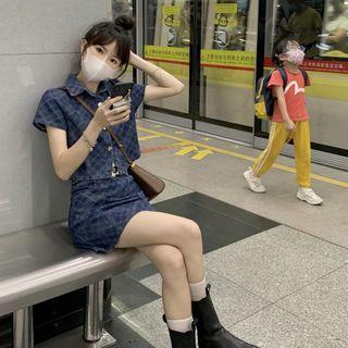 Short-sleeve Plaid Denim Crop Shirt / Mini Skirt / Flower Buckle Belt / Set