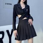 Cross Strap Cropped Blazer / Mini Pleated Skirt / Brooch / Set