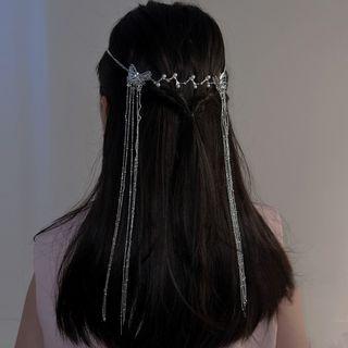 Butterfly Rhinestone Fringed Headpiece Silver - One Size