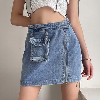 Zip-up Denim Mini A-line Skirt