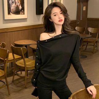 Details Button-shoulder Loose T-shirt Black - One Size