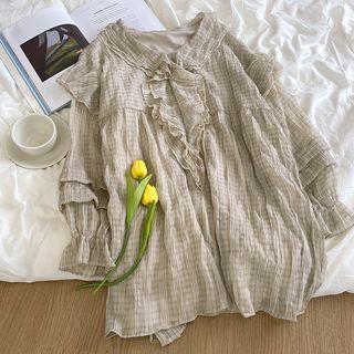 Bell-sleeve Plaid Ruffle Trim V-neck Dress Dress - One Size