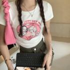 Short-sleeve Dog Print Drawstring Cropped T-shirt