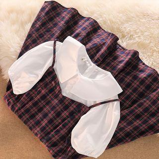 Puff-sleeve Mock Two-piece Plaid Dress