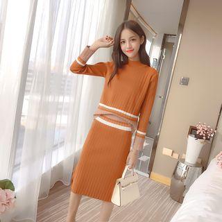 Set: Long-sleeve Knit Top + Slit-side Midi Skirt