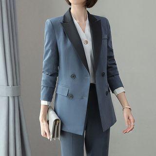 Double-breasted Blazer / V-neck Blouse / Dress Pants / Pencil Skirt / Set