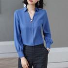 Open Placket Chiffon Blouse / Grid Print Dress Pants / Set