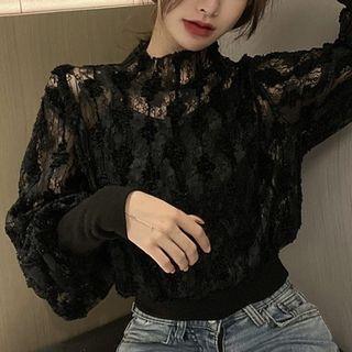 Lantern-sleeve Mock-neck Lace Blouse