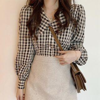 Lantern-sleeve Collared Gingham Blouse