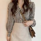 Lantern-sleeve Collared Gingham Blouse