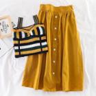 Set: Striped Knit Top + High-waist Midi Skirt