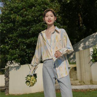 Long-sleeve Print Shirt Print - Yellow & Blue & White - One Size