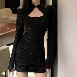 Long-sleeve Cut-out Glitter Mini Sheath Dress