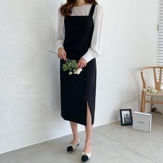 Set: Sheer Blouse + Slit-front Jumper Dress