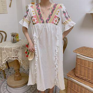 Elbow-sleeve Embroidered Fringed Midi Dress