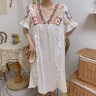 Elbow-sleeve Embroidered Fringed Midi Dress