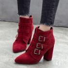 Faux Suede Buckled Pointed Chunky Heel Ankle Boots