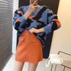 V-neck Color Block Sweater / Faux Leather Mini A-line Skirt