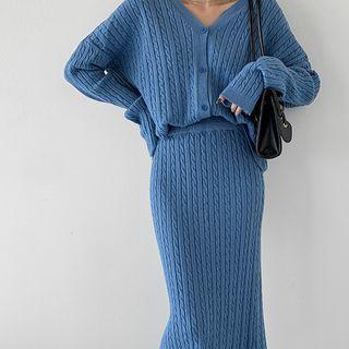 Set: Cable-knit Cardigan + Midi Skirt