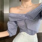 Plaid Off-shoulder Elbow-sleeve Blouse / Dress Shorts