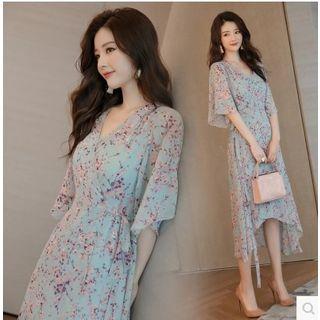 Set: Floral Print Elbow Sleeve Chiffon Dress + Plain Slipdress