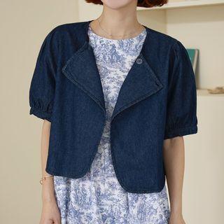 Puff-sleeve Denim Crop Jacket Blue - One Size