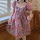 Puff-sleeve Floral Print A-line Dress Floral - Pink - One Size