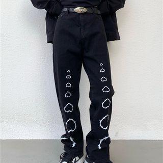 Mid Rise Loose Fit Heart Pattern Jeans
