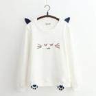 Cat Embroidered Paw Applique Fleece-lined Pullover