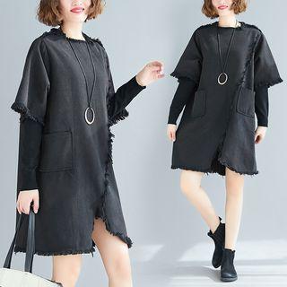 Fringed Trim Short-sleeve Shift Dress Black - One Size