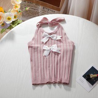 Ribbon Halter Ribbed Knit Tank Top