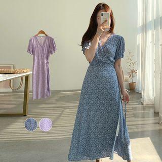 Short-sleeve Floral Print Tie-waist Midi A-line Dress