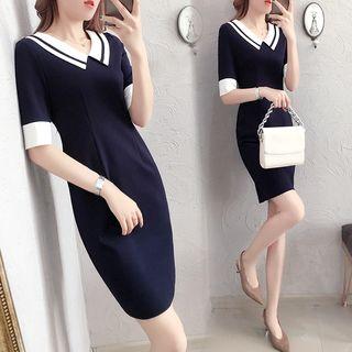 Color Block Collared Short-sleeve Sheath Dress