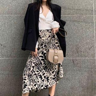 V-neck Blouse / Leopard Print Asymmetrical A-line Skirt / Blazer