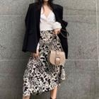 V-neck Blouse / Leopard Print Asymmetrical A-line Skirt / Blazer