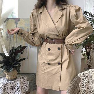Plain Long-sleeve Trench Coat Khaki - One Size