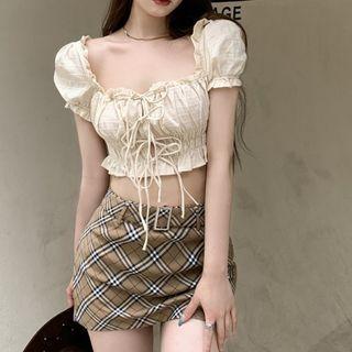 Puff-sleeve Lace-up Cropped Blouse / Plaid Pencil Skirt