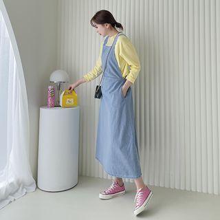 Gathered-waist A-line Denim Jumper Dress Light Blue - One Size