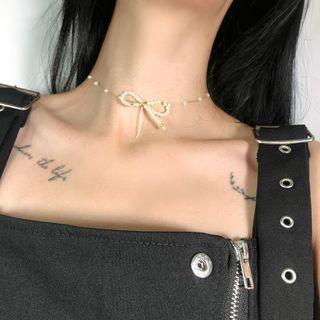 Bow Alloy Choker White Faux Pearl - Gold - One Size