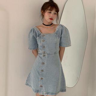 Short-sleeve Square Neck Button-up Cutout Denim Mini A-line Dress
