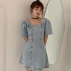 Short-sleeve Square Neck Button-up Cutout Denim Mini A-line Dress